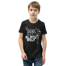 Load image into Gallery viewer, Beauty Brains And A Black Belt Youth Short Sleeve T-Shirt