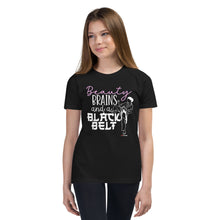 Load image into Gallery viewer, Beauty Brains And A Black Belt Youth Short Sleeve T-Shirt